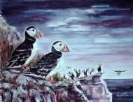 Two puffins with colony